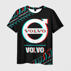 Мужская футболка 3D Значок Volvo в стиле glitch на темном фоне