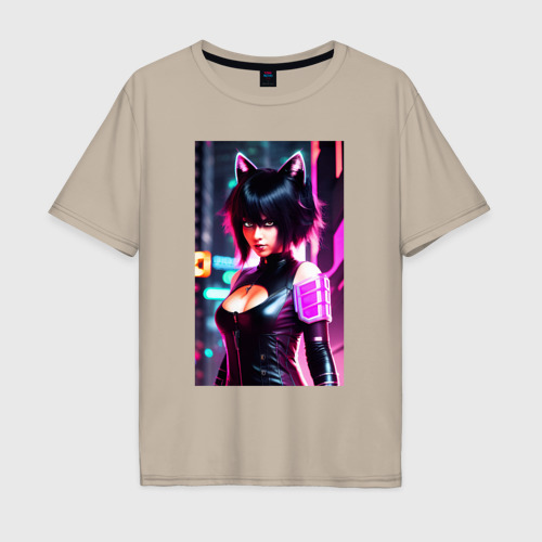 Мужская футболка хлопок Oversize с принтом Cat girl - neural network, вид спереди #2