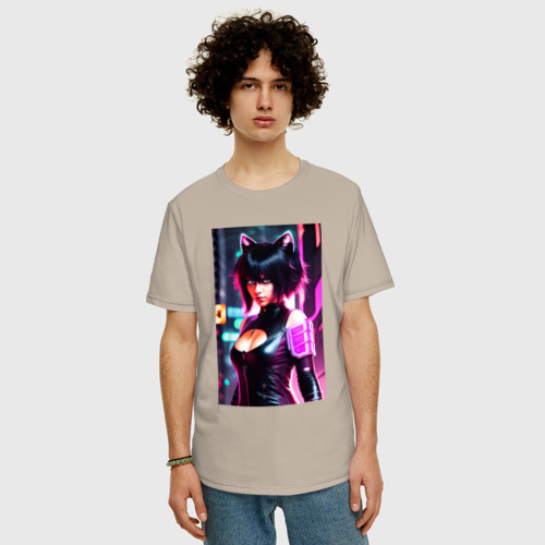 Мужская футболка хлопок Oversize с принтом Cat girl - neural network, фото на моделе #1