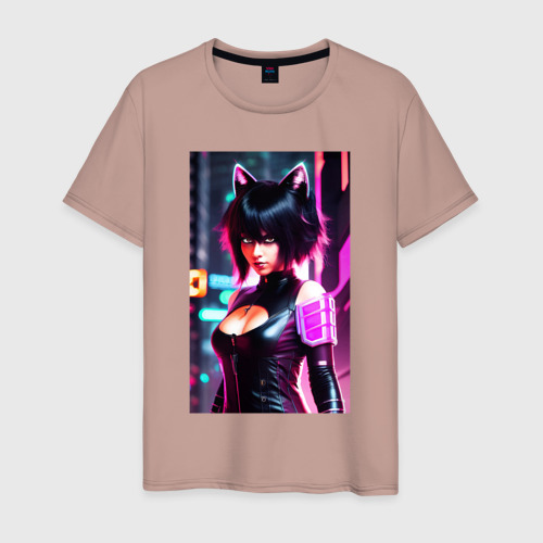 Мужская футболка хлопок Cat girl - neural network, цвет пыльно-розовый