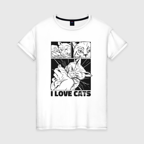 Женская футболка хлопок с принтом I love cats comic, вид спереди #2