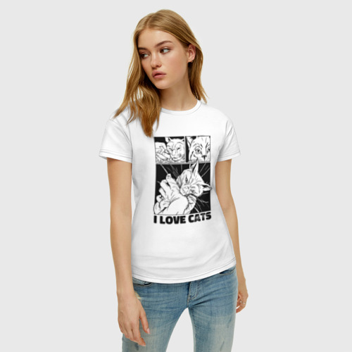 Женская футболка хлопок с принтом I love cats comic, фото на моделе #1