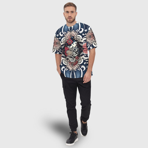 Мужская футболка oversize 3D Irezumi style: девушка и синие узоры, цвет 3D печать - фото 5