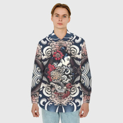 Мужская рубашка oversize 3D Irezumi style: девушка и синие узоры - фото 2