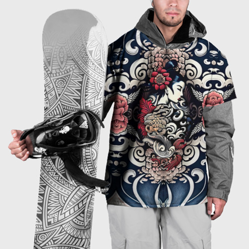 Накидка на куртку 3D Irezumi style: девушка и синие узоры, цвет 3D печать