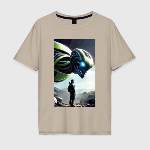 Мужская футболка хлопок Oversize с принтом The Alien and the wanderer - neural network, вид спереди #2