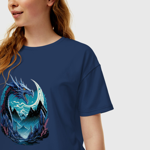 Женская футболка хлопок Oversize Дракон в горах, цвет темно-синий - фото 3
