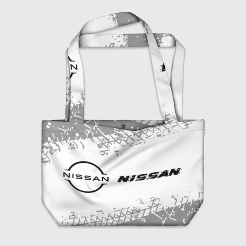 Пляжная сумка 3D Nissan Speed на светлом фоне со следами шин: надпись и символ