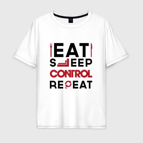 Мужская футболка хлопок Oversize с принтом Надпись: eat sleep Control repeat, вид спереди #2