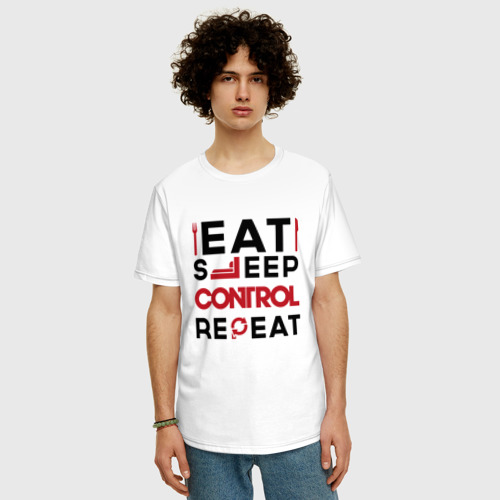 Мужская футболка хлопок Oversize с принтом Надпись: eat sleep Control repeat, фото на моделе #1