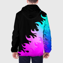 Куртка с принтом Blink 182 неоновый огонь для мужчины, вид на модели сзади №2. Цвет основы: черный
