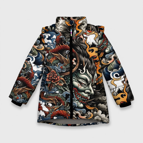 Зимняя куртка для девочек 3D Татуировка Ирезуми, цвет светло-серый