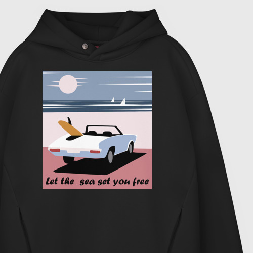 Мужское худи Oversize хлопок Машина на пляже, цвет черный - фото 4
