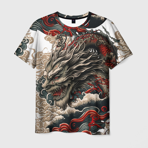 Мужская футболка с принтом Тату дракона в стиле Ирезуми, вид спереди №1