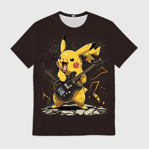 Мужская футболка 3D с принтом Пикачу с гитарой нейросеть, вид спереди #2