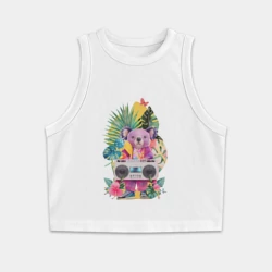 Женская укороченная майка-топ хлопок Розовая коала с бумбоксом и тропическими листьями