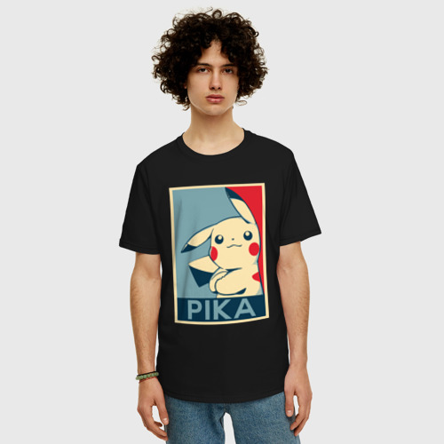 Мужская футболка хлопок Oversize с принтом Pika Obey, фото на моделе #1