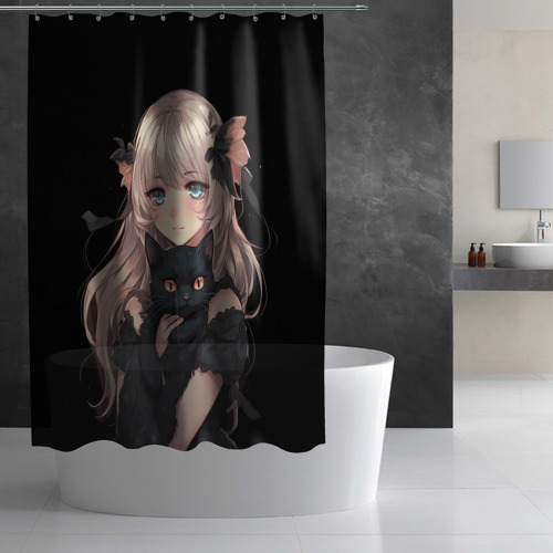 Штора 3D для ванной Аниме девушка с черным котенком - фото 2