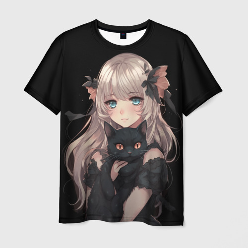 Мужская футболка 3D Аниме девушка с черным котенком, цвет 3D печать