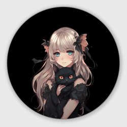 Круглый коврик для мышки Аниме девушка с черным котенком