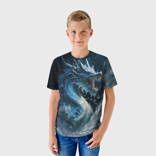 Детская футболка 3D с принтом Ледяной дракон, фото на моделе #1