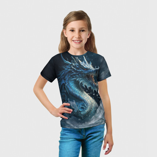 Детская футболка 3D с принтом Ледяной дракон, вид сбоку #3