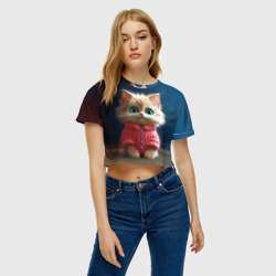 Женская футболка Crop-top 3D Котик в розовом свитере - фото 2