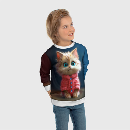 Детский свитшот 3D Котик в розовом свитере, цвет 3D печать - фото 5