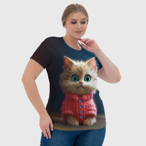 Женская футболка 3D с принтом Котик в розовом свитере, фото #4
