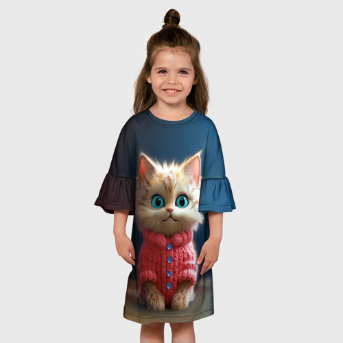 Детское платье 3D с принтом Котик в розовом свитере, вид сбоку #3