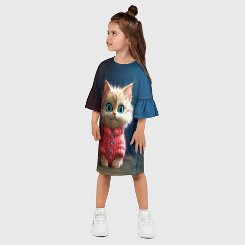 Детское платье 3D с принтом Котик в розовом свитере, фото на моделе #1