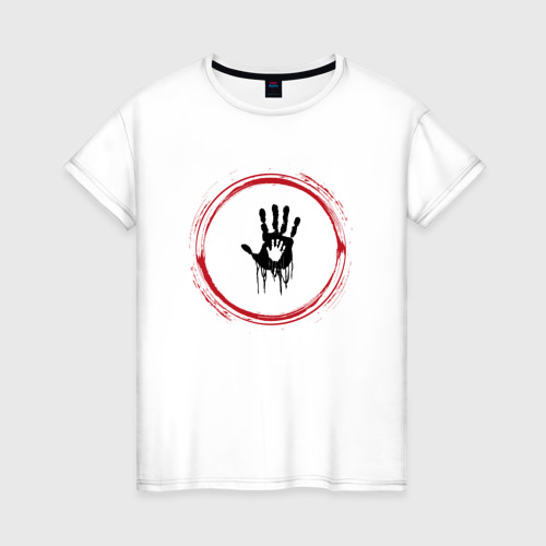 Женская футболка хлопок с принтом Символ Death Stranding и красная краска вокруг, вид спереди #2