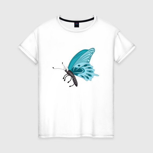 Женская футболка хлопок с принтом Синяя бабочка мультяшная, вид спереди #2