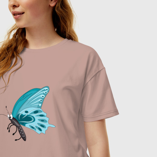 Женская футболка хлопок Oversize Синяя бабочка мультяшная, цвет пыльно-розовый - фото 3