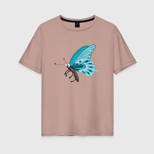 Женская футболка хлопок Oversize Синяя бабочка мультяшная, цвет пыльно-розовый