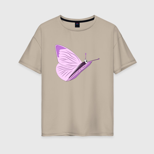 Женская футболка хлопок Oversize Сиреневая бабочка, цвет миндальный
