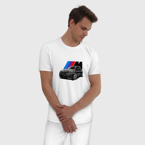 Мужская пижама хлопок BMW на фоне m performance, цвет белый - фото 3