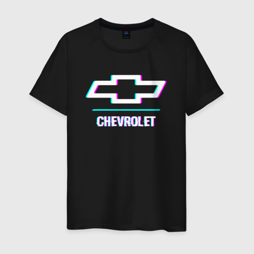 Мужская футболка хлопок Значок Chevrolet в стиле glitch, цвет черный