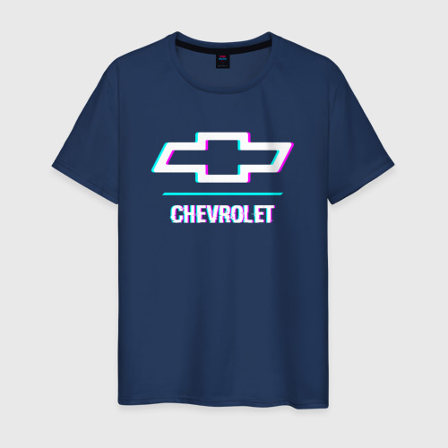 Мужская футболка из хлопка с принтом Значок Chevrolet в стиле glitch, вид спереди №1