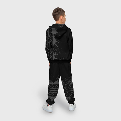 Детский 3D костюм с принтом Saab speed на темном фоне со следами шин: по-вертикали, вид сзади #2