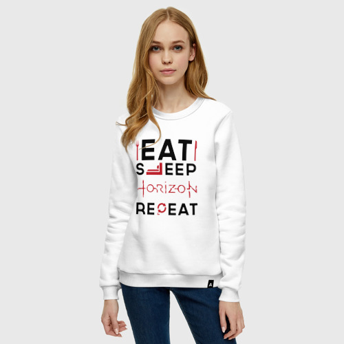 Женский свитшот хлопок с принтом Надпись: eat sleep Horizon repeat, фото на моделе #1