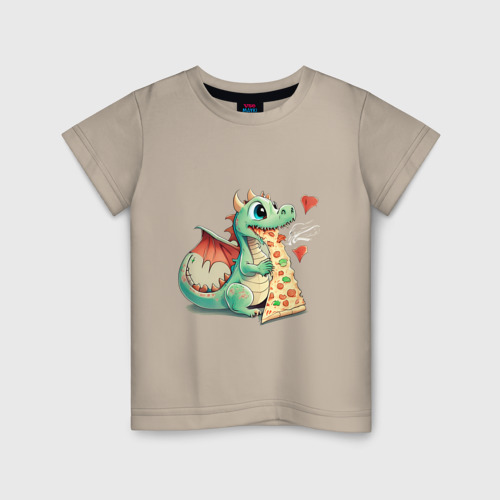 Детская футболка хлопок Дракончик ест пиццу, цвет миндальный