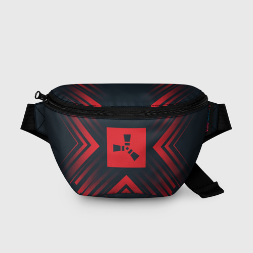 Поясная сумка с принтом Красный символ Rust на темном фоне со стрелками, вид спереди №1