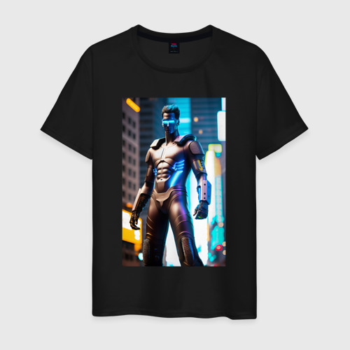 Мужская футболка хлопок Чувак в стиле Киберпанк - неоновое свечение, цвет черный