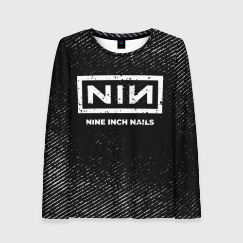 Женский лонгслив 3D с принтом Nine Inch Nails с потертостями на темном фоне, вид спереди #2