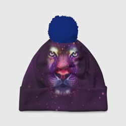 Шапка 3D c помпоном Фантастический портрет космического льва в фиолетовых тонах