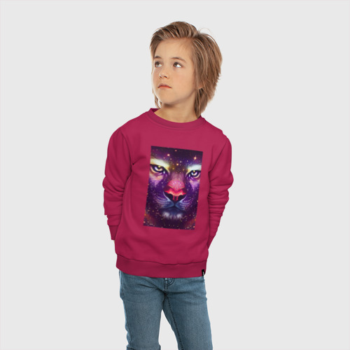 Детский свитшот хлопок с принтом Портрет космического льва в фиолетовых тонах, вид сбоку #3