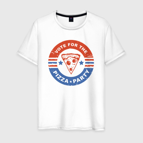 Мужская футболка из хлопка с принтом Голосую за тусовку с пиццей, вид спереди №1