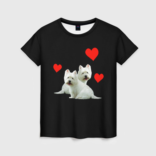 Женская футболка с принтом Две собачки и сердца, вид спереди №1