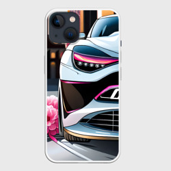 Чехол для iPhone 14 Спортивная машина с цветами - нейросеть арт